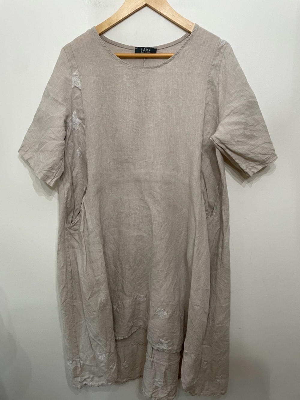 Saga Italy made Embroidered Star 100% Linen Dress Boho Lagenlook Womens OSFA